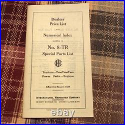 VINTAGE IH SPECIAL PARTS LIST# 8-TR with dealer price sheet, list price sheet