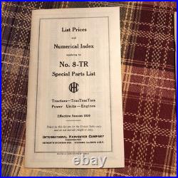 VINTAGE IH SPECIAL PARTS LIST# 8-TR with dealer price sheet, list price sheet