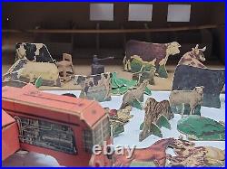 Vintage 1930s-1940s Carboard Farmset with Tractor, Barn, Animals, House. Etc. Rare
