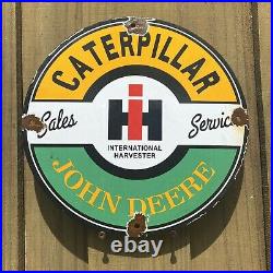 Vintage John Deere Intl Harvester Porcelain Metal Sign Caterpillar Farm Tractor