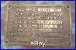 WW II Brass Sign Tractor Heavy M. 1 International Harvester Co Us Army